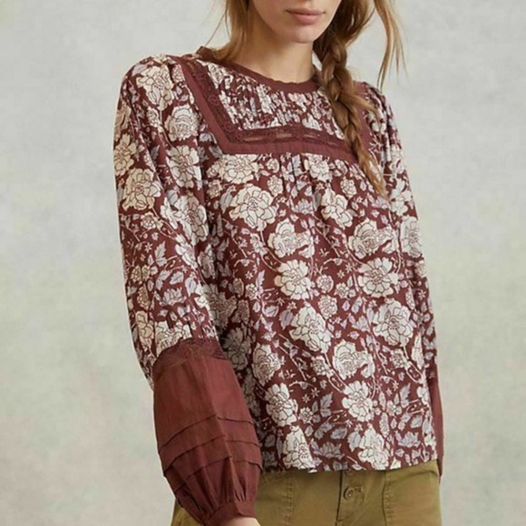 Anthropologie Tops - NEW Anthropologie Floral Cotton Blouse Long Sleeves Cream Brown XL